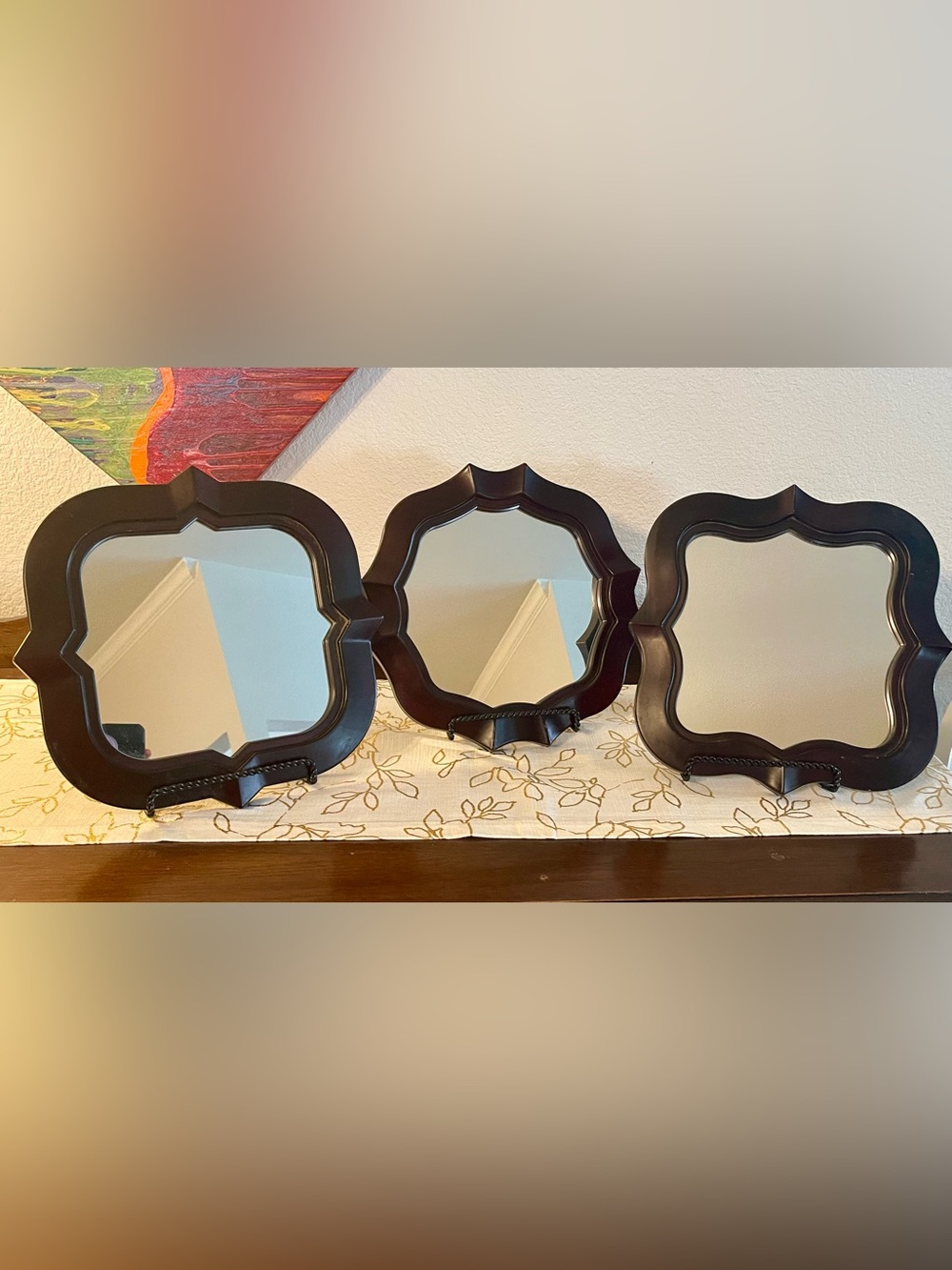 Glitzhome Dark Wavy Wood Triple Frame Mirrors Scalloped Wall Mirror - Set of 3
